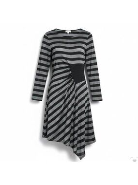 Beige By Eci Womens Black & Silver Striped Long Sleeve Asymmetric Dress Sz L